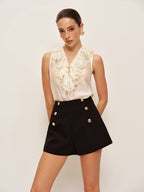 Aléora | High Waist Shorts for Women - Double Breasted Button Tailored Regular Elegant Fit-Women's Shorts-Black-XS-Camoufit