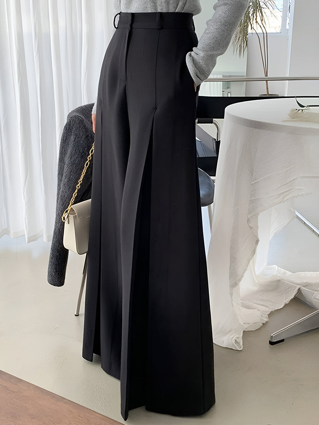 Orelia | Wide Leg Pants for Women - High Waist Pleated Polyester Regular Fit Elegant Trousers-Women's Pants-Black-XS-Camoufit