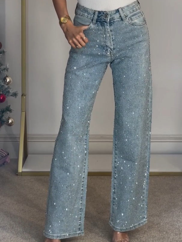 Rosélune | High Waist Diamanté Straight Jeans for Women – Sparkle Denim Straight Fit-Women's Jeans-Light Blue-S-Camoufit