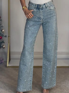Rosélune | High Waist Diamanté Straight Jeans for Women – Sparkle Denim Straight Fit-Women's Jeans-Light Blue-S-Camoufit