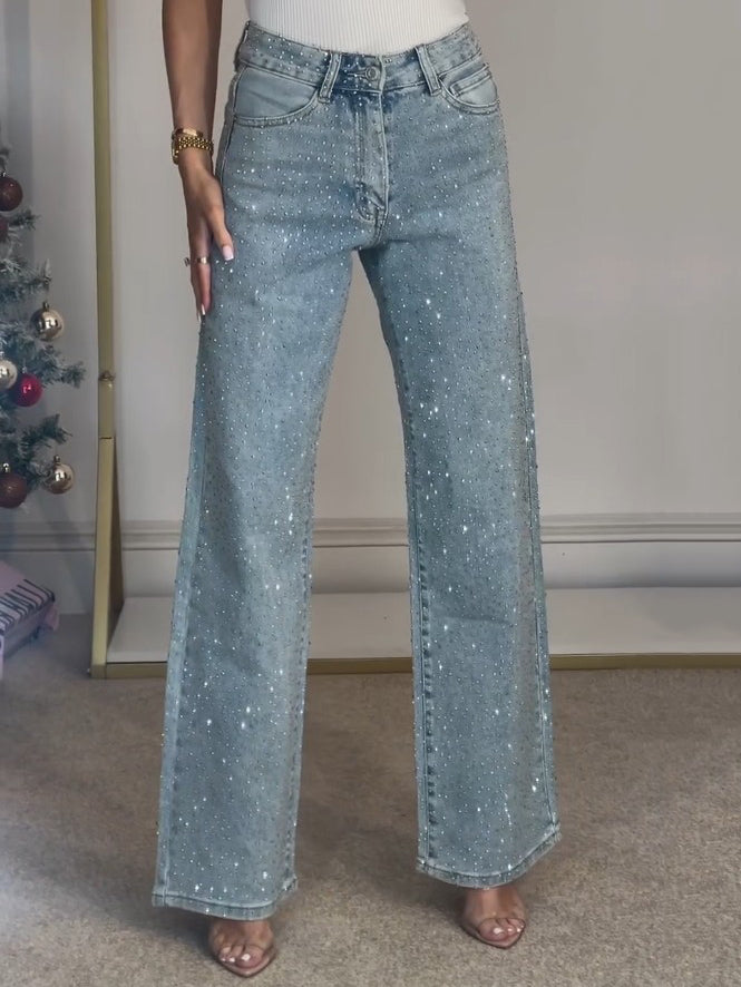 Rosélune | High Waist Diamanté Straight Jeans for Women – Sparkle Denim Straight Fit-Women's Jeans-Light Blue-S-Camoufit