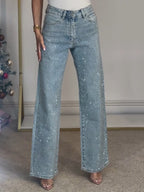 Rosélune | High Waist Diamanté Straight Jeans for Women – Sparkle Denim Straight Fit-Women's Jeans-Light Blue-S-Camoufit