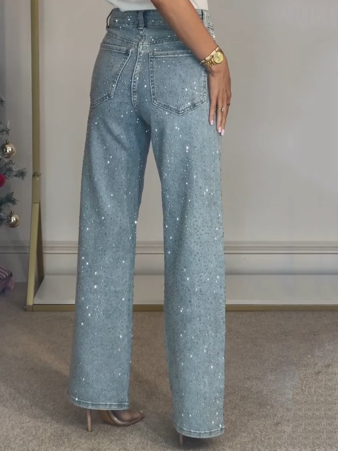 Rosélune | High Waist Diamanté Straight Jeans for Women – Sparkle Denim Straight Fit-Women's Jeans-Light Blue-S-Camoufit