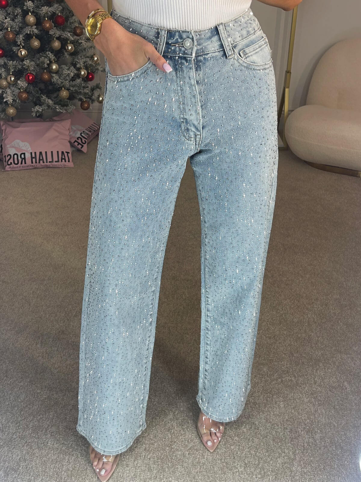 Rosélune | High Waist Diamanté Straight Jeans for Women – Sparkle Denim Straight Fit-Women's Jeans-Light Blue-S-Camoufit