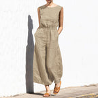 Aria Women's High-Waist Sleeveless Wide-Leg Jumpsuit-Jumpsuit-CAMOUFIT-Khaki-S-Camoufit