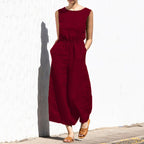 Aria Women's High-Waist Sleeveless Wide-Leg Jumpsuit-Jumpsuit-CAMOUFIT-Wine Red-S-Camoufit