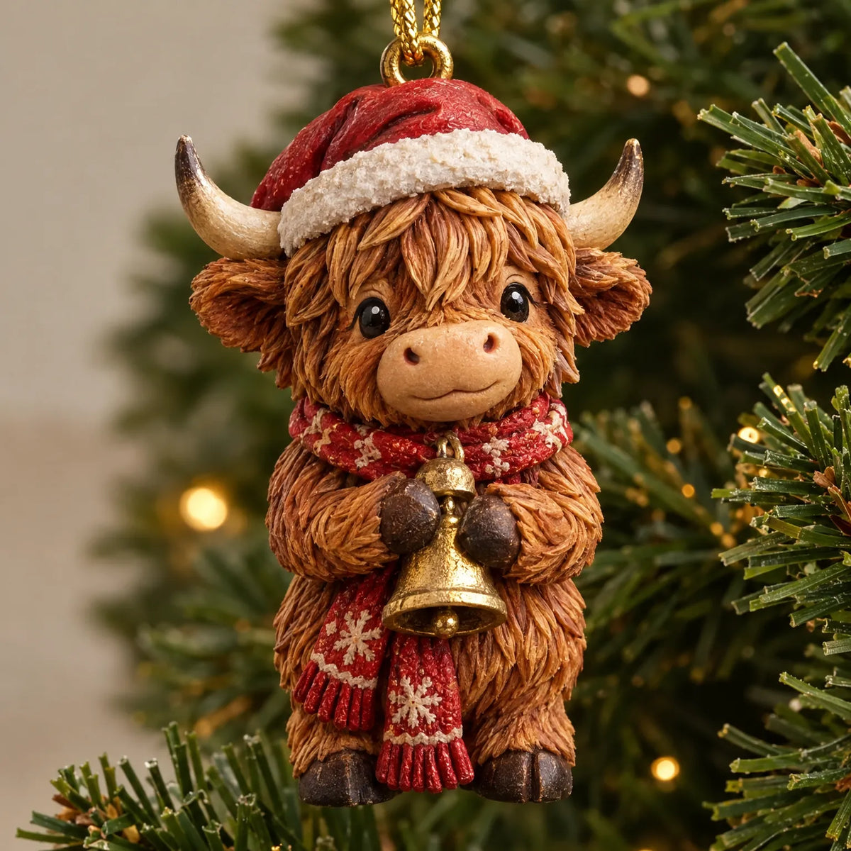 Highland cow advent calendar figure with red Santa hat, scarf, holding a bell