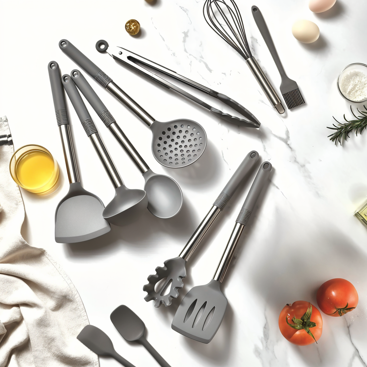 Gray silicone kitchen utensil set with stainless handles, assorted spatulas, ladles, whisk
