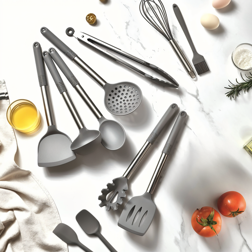 Gray silicone kitchen utensil set with stainless handles, assorted spatulas, ladles, whisk