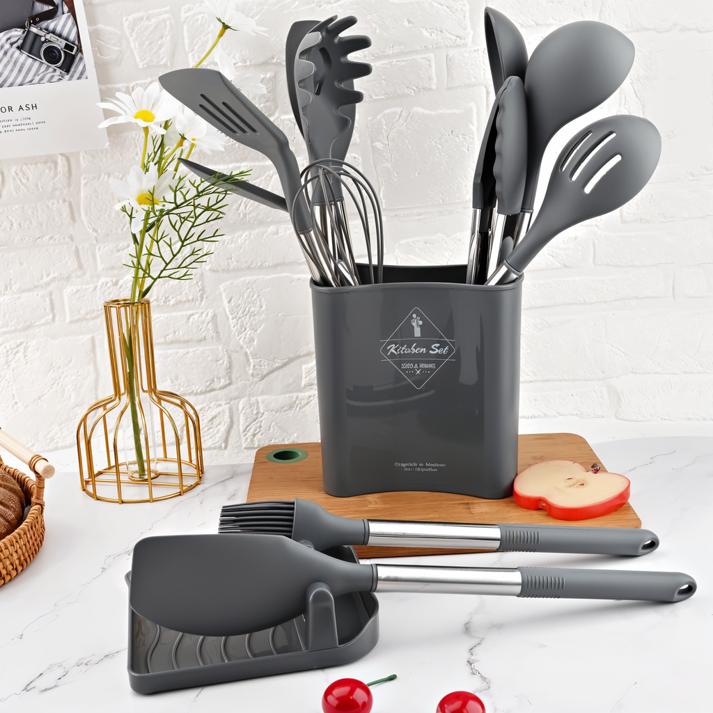 Dark gray silicone kitchen utensil set in matching holder, stainless handles, assorted tools