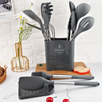 Dark gray silicone kitchen utensil set in matching holder, stainless handles, assorted tools