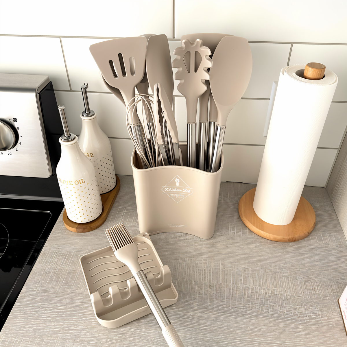 Light brown silicone kitchen utensil set in beige holder, stainless handles, assorted tools