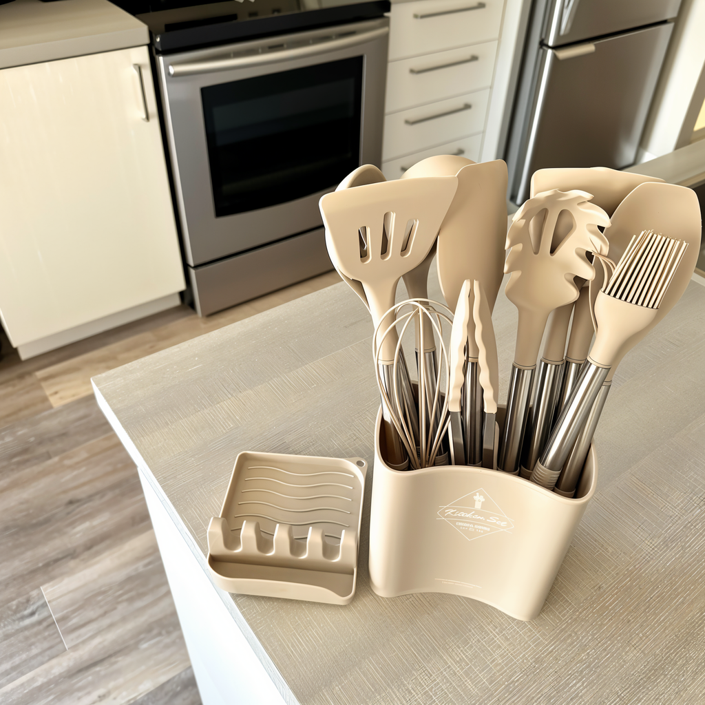 Light brown silicone kitchen utensil set in a matching holder, stainless steel handles