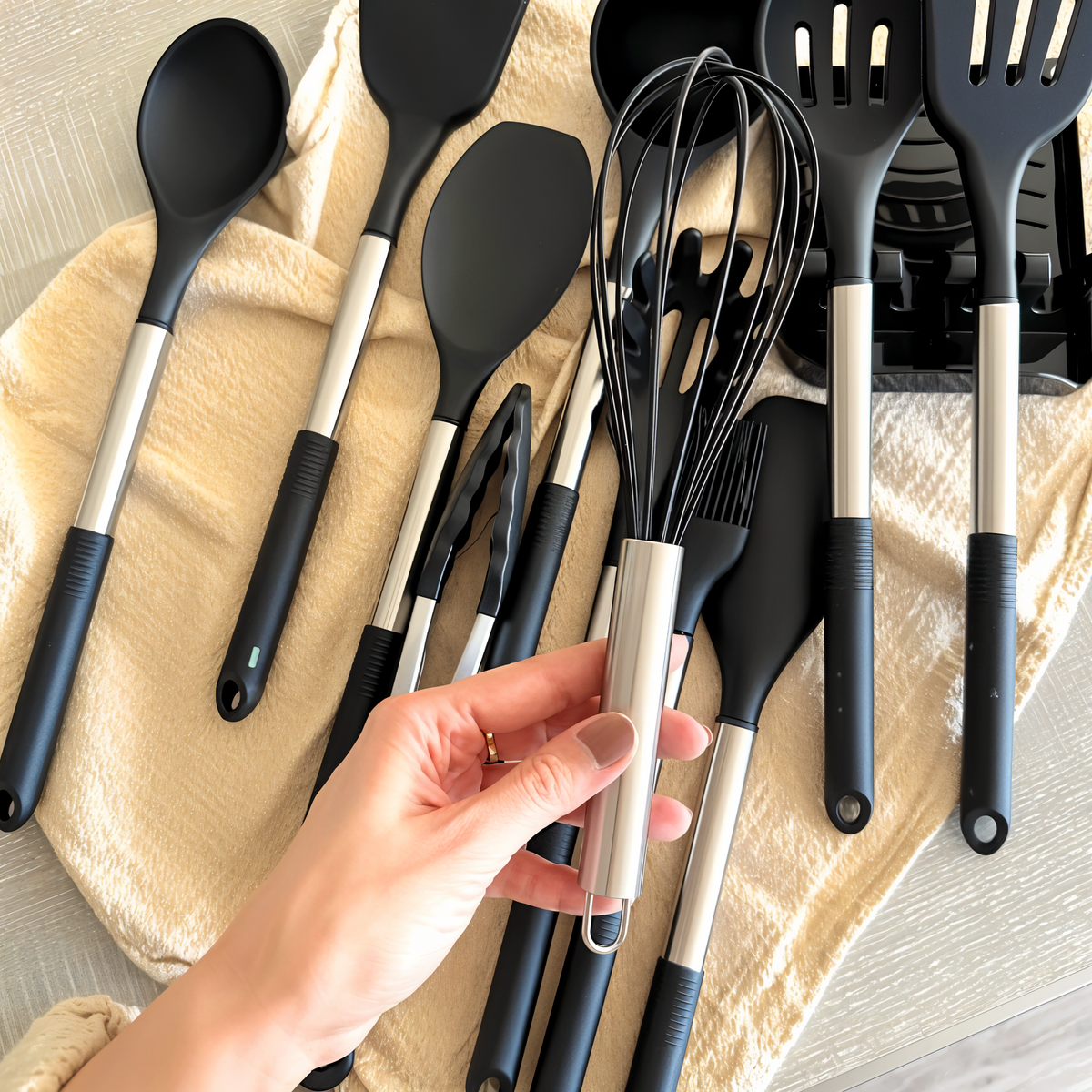 Black silicone kitchen utensils with stainless handles, close-up of spatulas and ladles