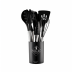 Black silicone kitchen utensil set in dark canister, stainless handles, assorted cooking tools