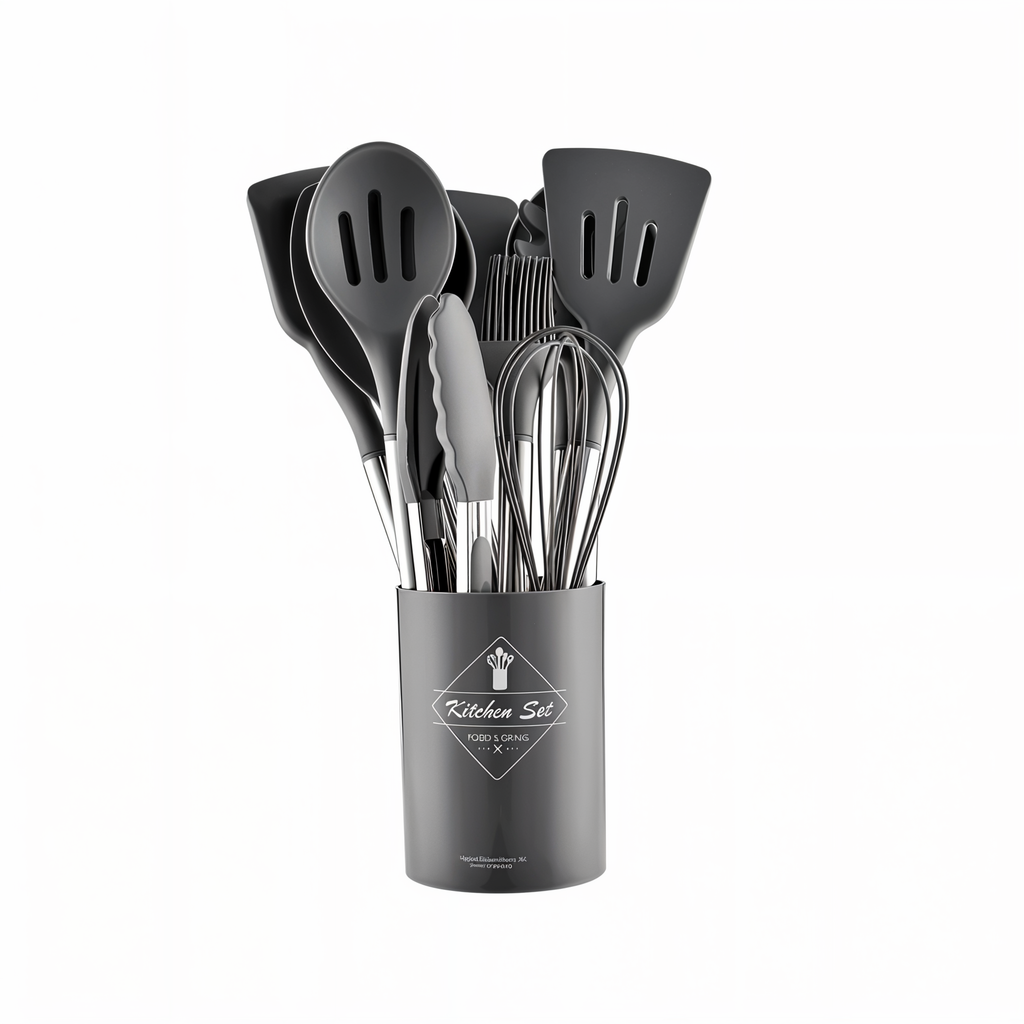 Black silicone kitchen utensil set in dark holder, stainless handles, assorted cooking tools