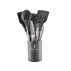 Black silicone kitchen utensil set in dark holder, stainless handles, assorted cooking tools