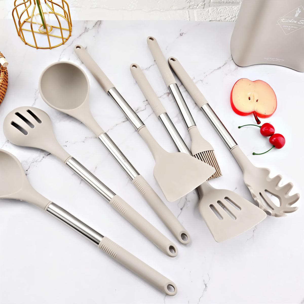 Light brown silicone kitchen utensil set with stainless handles, spatulas and ladle tools