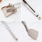 Beige silicone kitchen utensils with stainless handles, close-up of spatula and whisk