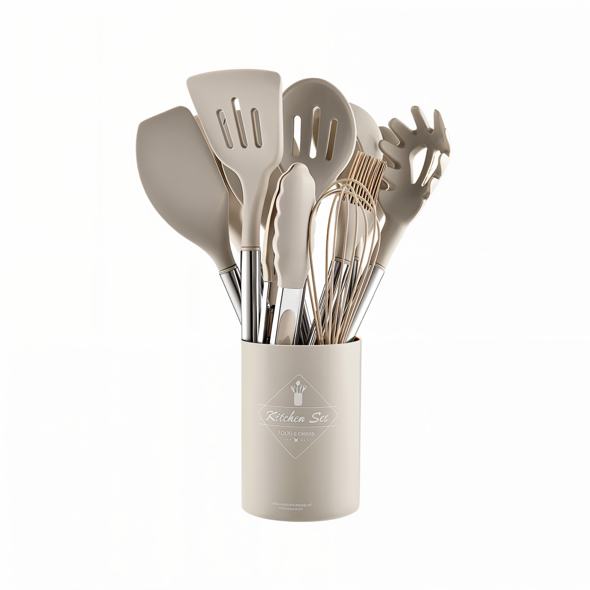 Light brown silicone kitchen utensil set in beige canister, stainless handles, assorted tools