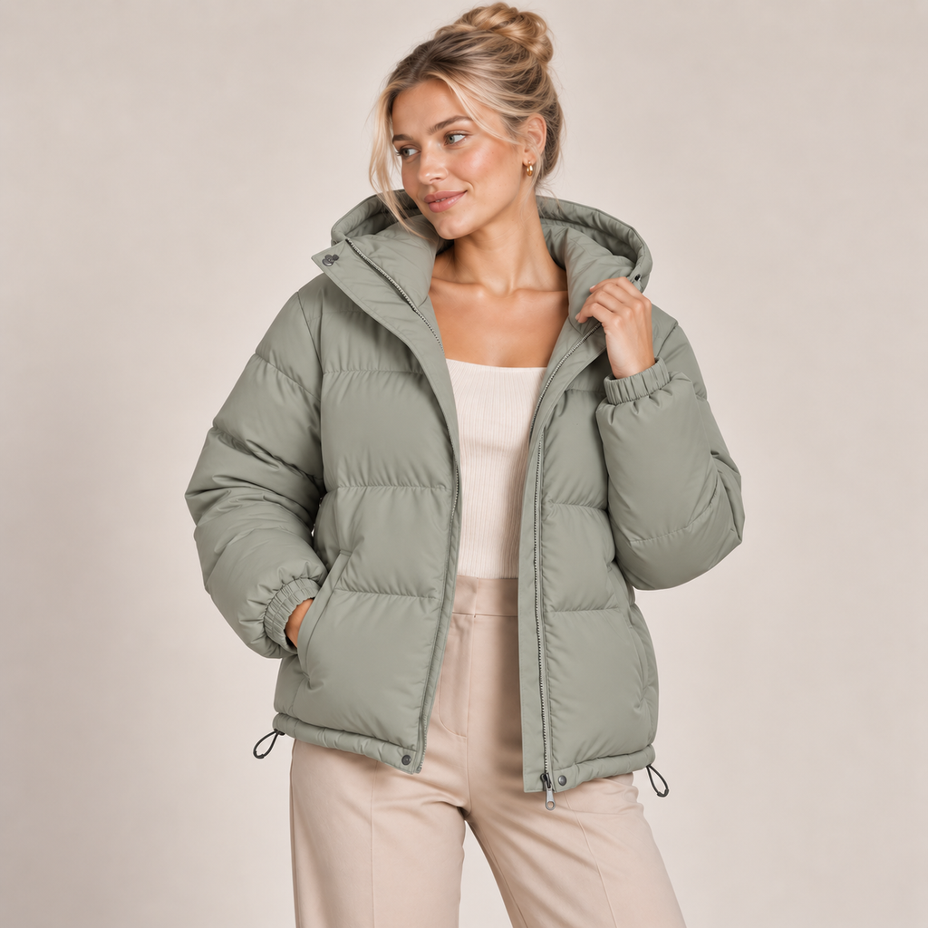 Women's olive green hooded puffer jacket, full-zip front, quilted insulated shell