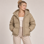 Women's khaki hooded puffer jacket with drawstring hem, full-zip front