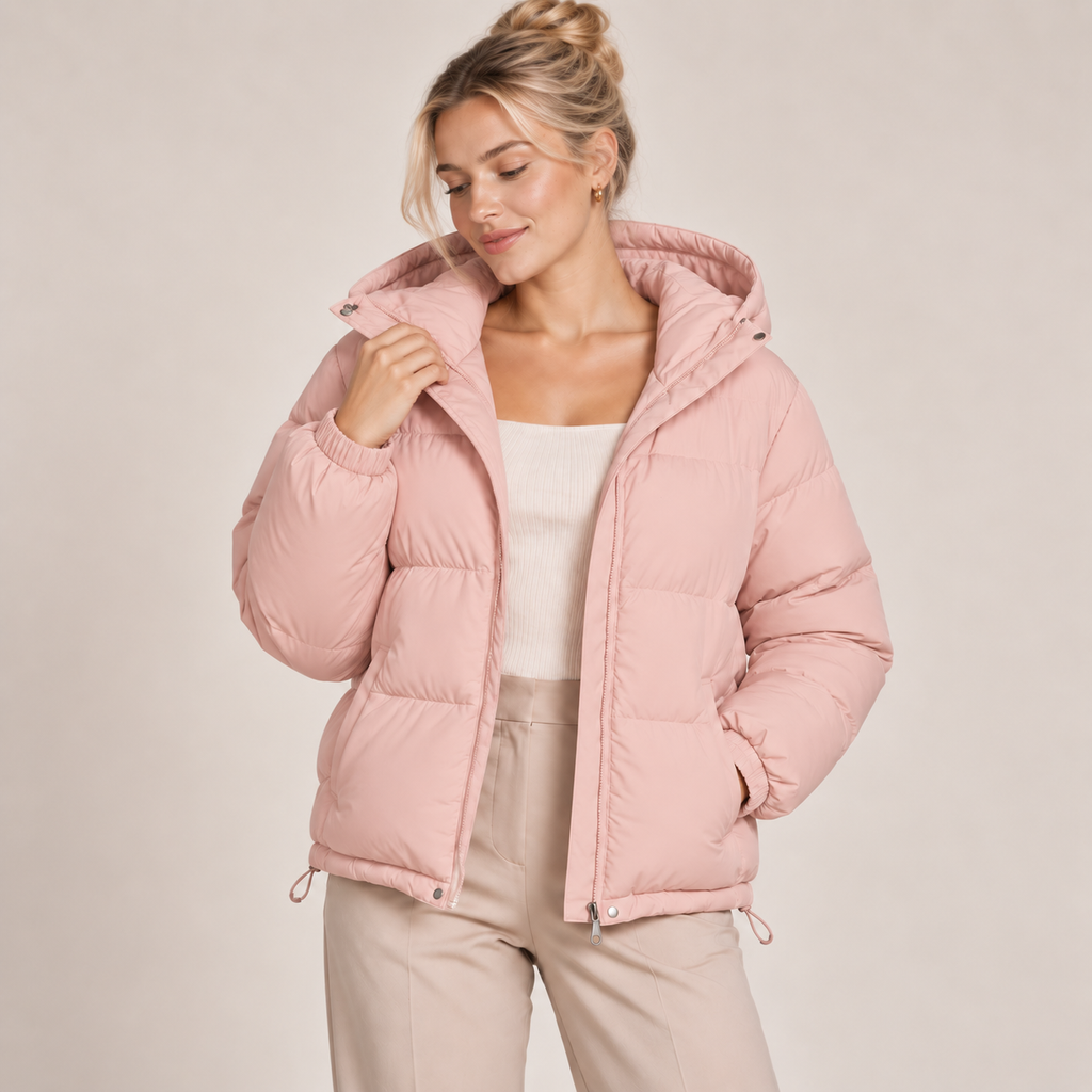 Women's pink hooded puffer jacket, full-zip front, quilted insulated insulation