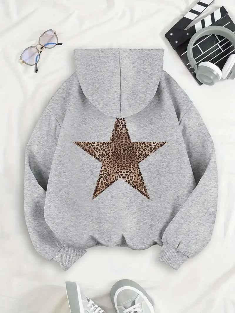 Women's grey hoodie with leopard star back print, hooded front pocket
