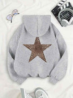 Women's grey hoodie with leopard star back print, hooded front pocket