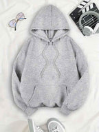 Women's grey hooded sweatshirt with kangaroo pocket and drawstring hood