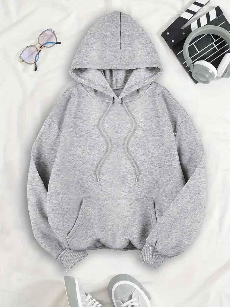 Women's grey hooded sweatshirt with kangaroo pocket and drawstring hood