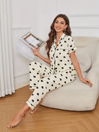 Avenza | Cream Heart Print Pyjama Set for Women - Short Sleeve Textured Elastic Pants Fit-Women's Two Piece Sets-Beige-S-Camoufit
