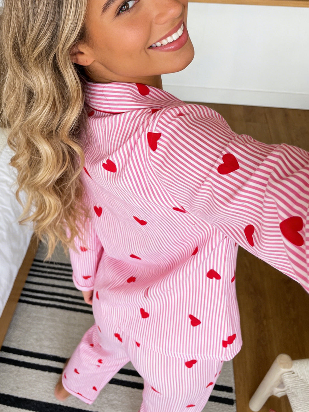 Virelle | Pink Heart Stripe Pyjama Set for Women - Notch Lapel Long Sleeve Two-Piece Fit-Women's Two Piece Sets-Pink-S-Camoufit