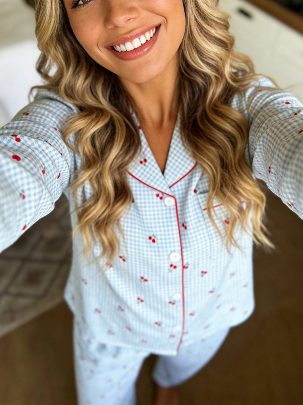 Rovelle | Blue Gingham Cherry Print Pyjama Set for Women - Notch Lapel Long Sleeve Fit-Women's Two Piece Sets-Blue-S-Camoufit