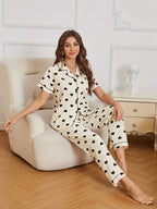 Avenza | Cream Heart Print Pyjama Set for Women - Short Sleeve Textured Elastic Pants Fit-Women's Two Piece Sets-Beige-S-Camoufit