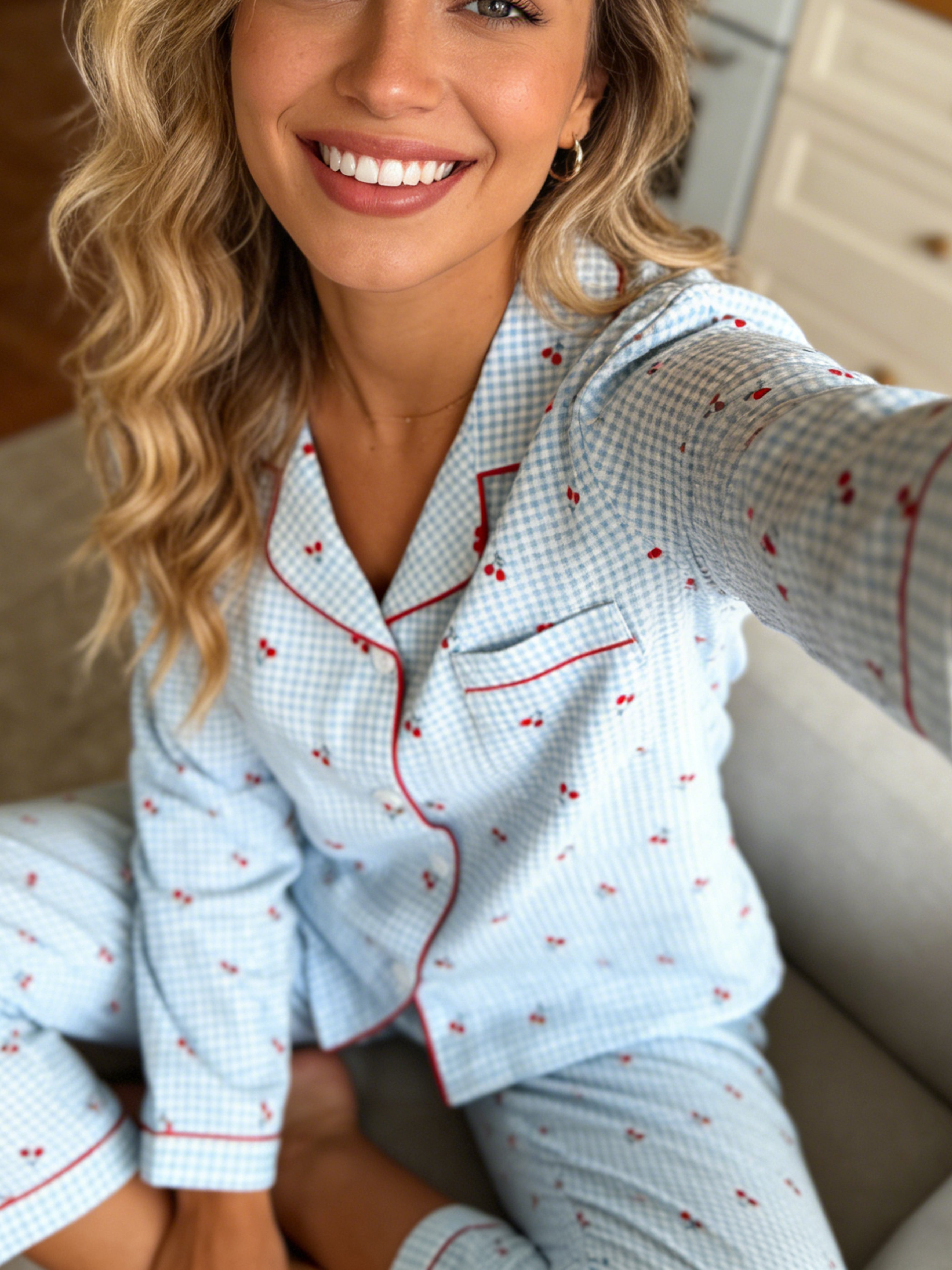 Rovelle | Blue Gingham Cherry Print Pyjama Set for Women - Notch Lapel Long Sleeve Fit-Women's Two Piece Sets-Blue-S-Camoufit