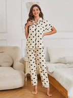 Avenza | Cream Heart Print Pyjama Set for Women - Short Sleeve Textured Elastic Pants Fit-Women's Two Piece Sets-Beige-S-Camoufit