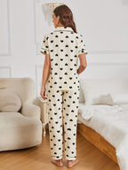 Avenza | Cream Heart Print Pyjama Set for Women - Short Sleeve Textured Elastic Pants Fit-Women's Two Piece Sets-Beige-S-Camoufit