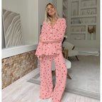 Calyra | Pyjama Set for Women - Heart Print Lightweight Relaxed Soft Cosy Loungewear Fit-Women's Two Piece Sets-Pink-S-Camoufit