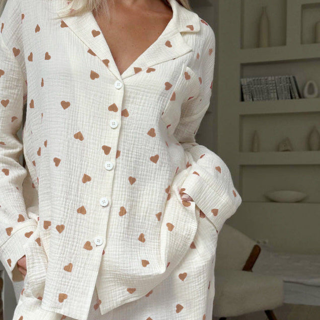 Évara | Pyjama Set for Women - Heart Print Lightweight Relaxed Soft Cosy Loungewear Fit-Women's Two Piece Sets-Brown-S-Camoufit