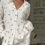 Évara | Pyjama Set for Women - Heart Print Lightweight Relaxed Soft Cosy Loungewear Fit-Women's Two Piece Sets-Brown-S-Camoufit