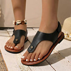 Women's Boho Sandals with Toe Clip Stud Detail Elastic Slingback Wide Strap Flat Summer Shoes-Women's Sandals-Black-4-