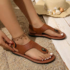 Women's Boho Sandals with Toe Clip Stud Detail Elastic Slingback Wide Strap Flat Summer Shoes-Women's Sandals-Brown-4-