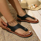 Women's Boho Sandals with Toe Clip Stud Detail Elastic Slingback Wide Strap Flat Summer Shoes-Women's Sandals-Brown-4-