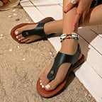 Women's Boho Sandals with Toe Clip Stud Detail Elastic Slingback Wide Strap Flat Summer Shoes-Women's Sandals-Brown-4-