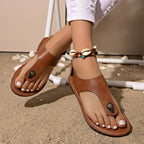 Women's Boho Sandals with Toe Clip Stud Detail Elastic Slingback Wide Strap Flat Summer Shoes-Women's Sandals-Brown-4-