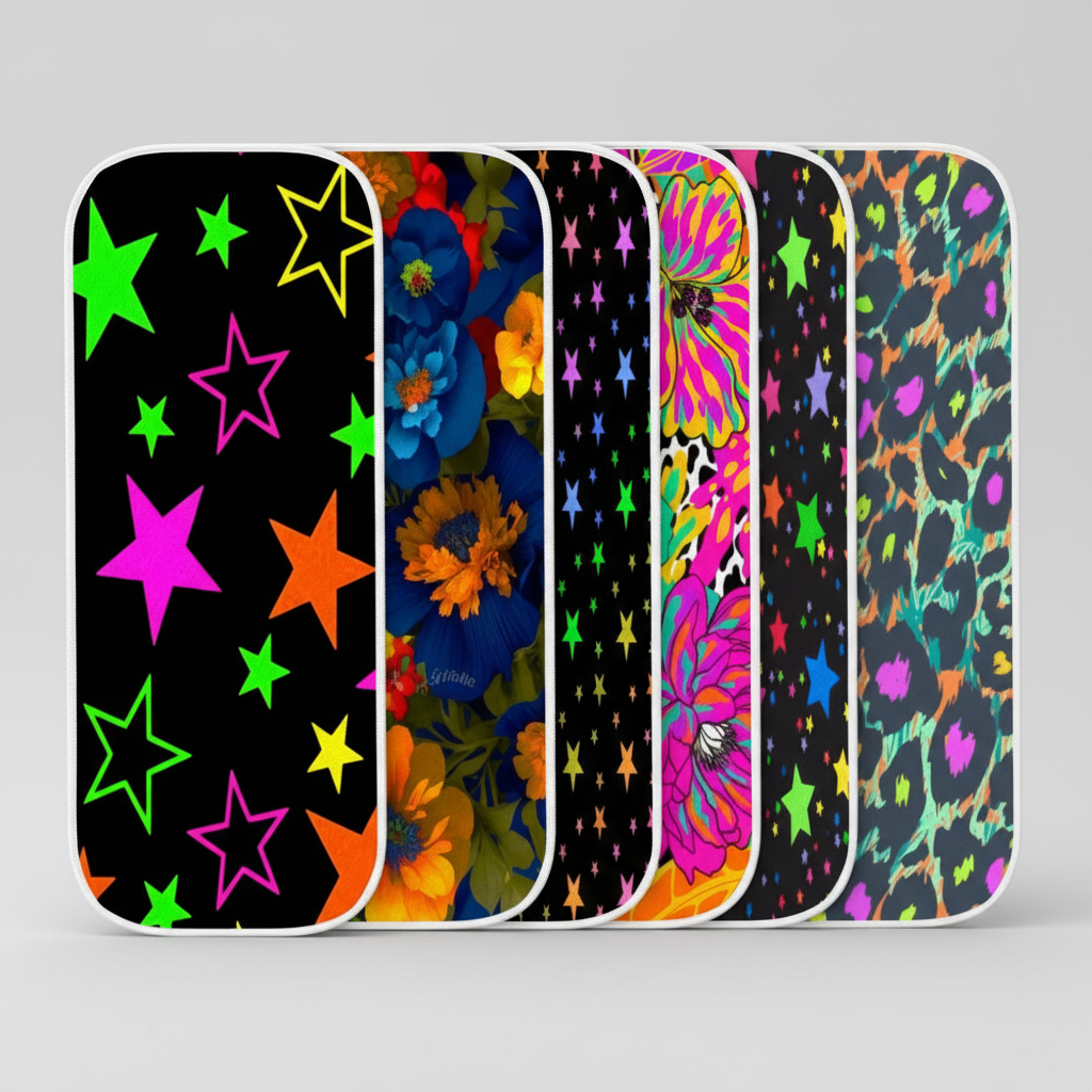 6-piece face towel set with assorted neon star and floral prints, BeautyAid