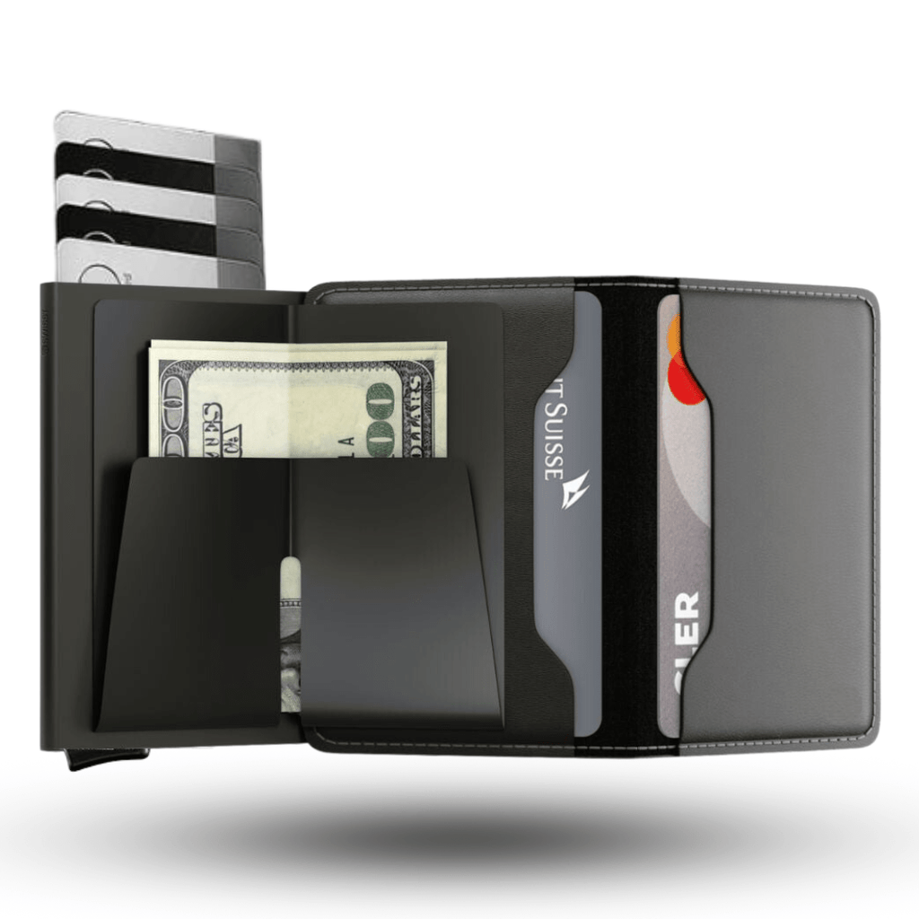 Black slim wallet open view showing multiple card compartments and cash sleeve