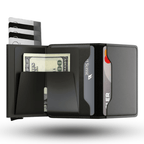 Black slim wallet open view showing multiple card compartments and cash sleeve