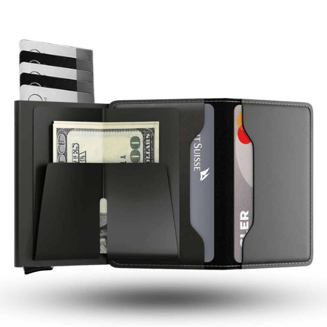 Black slim wallet open view showing multiple card compartments and cash sleeve